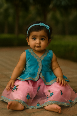 “Neel Gulab Lehenga Set” – Blue Peplum Top with Pink Embroidered Lehenga Skirt