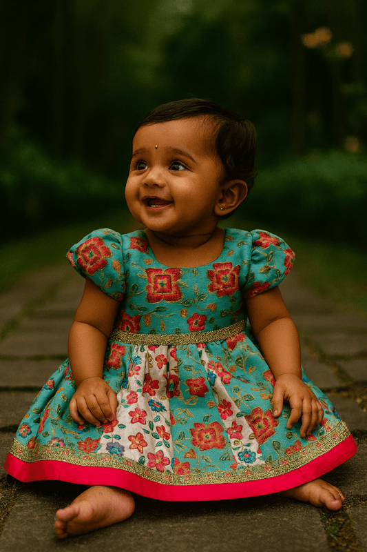 “Meadow Blossom” Brocade Dress – A Festive Favourite in Turquoise Bloom - Little Haven