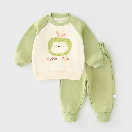 Apple Bear Sweatshirt & Jogger Set - Cream & Pastel Green