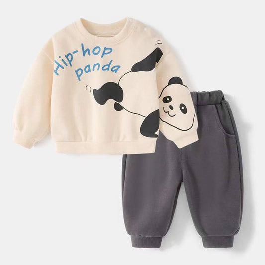 Hip-Hop Panda Sweatshirt & Jogger Set - Cream & Charcoal Grey