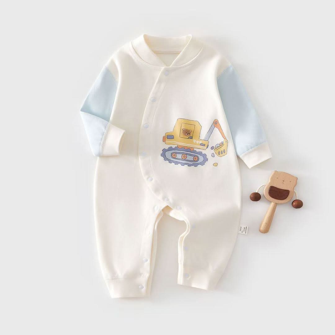 Soft Cotton Construction Romper - Cream & Sky Blue