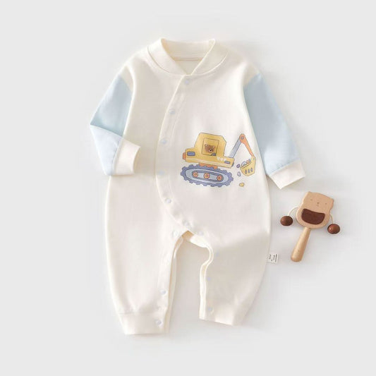 Soft Cotton Construction Romper - Cream & Sky Blue