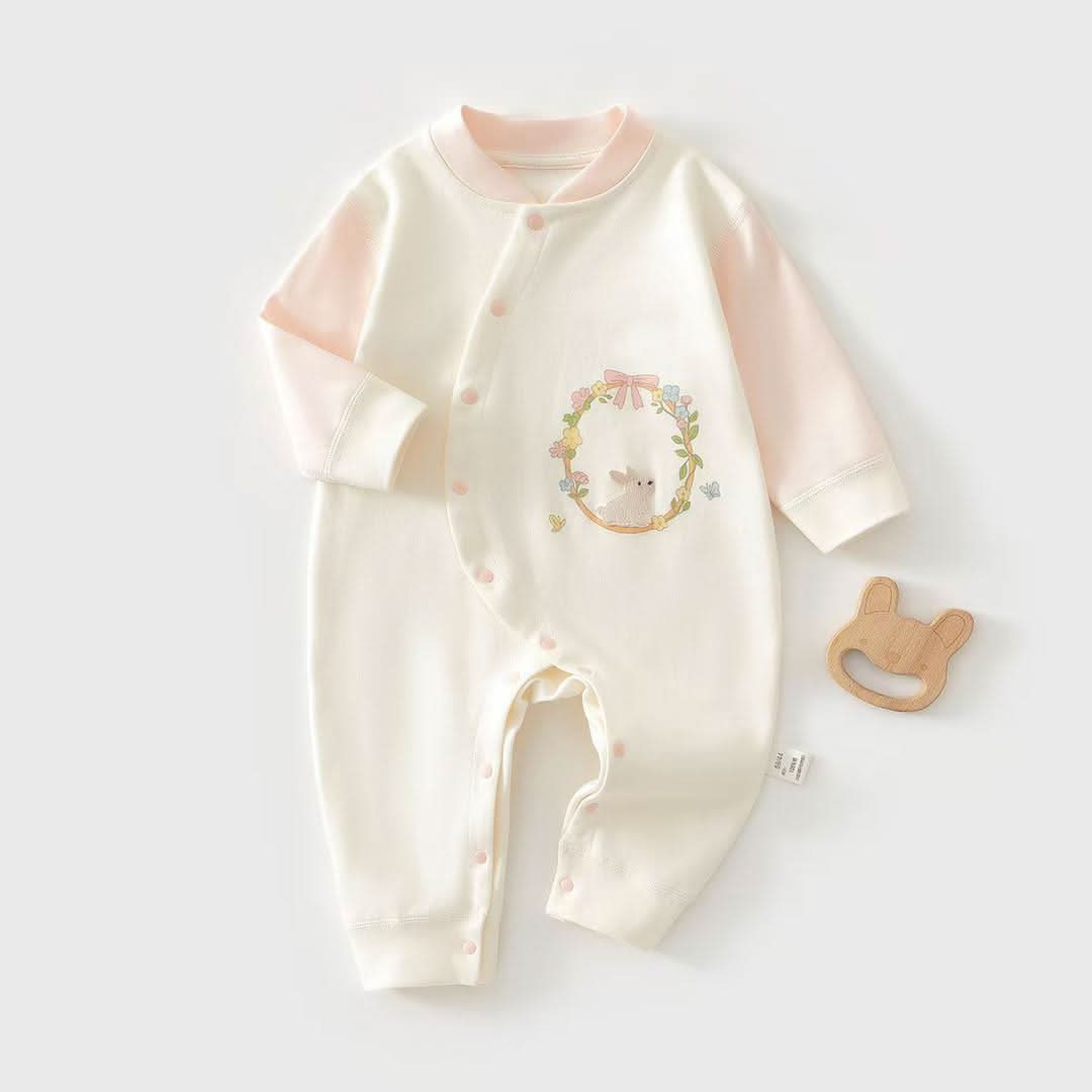 Bunny Blossom Soft Cotton Romper - Cream & Pastel Pink