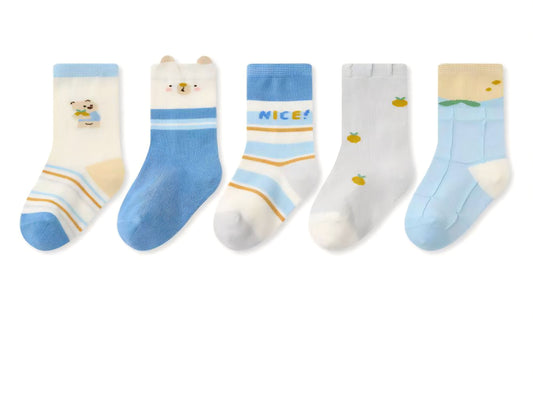 Soft Cotton Baby Socks Set – Blue & Cream (Pack of 5)