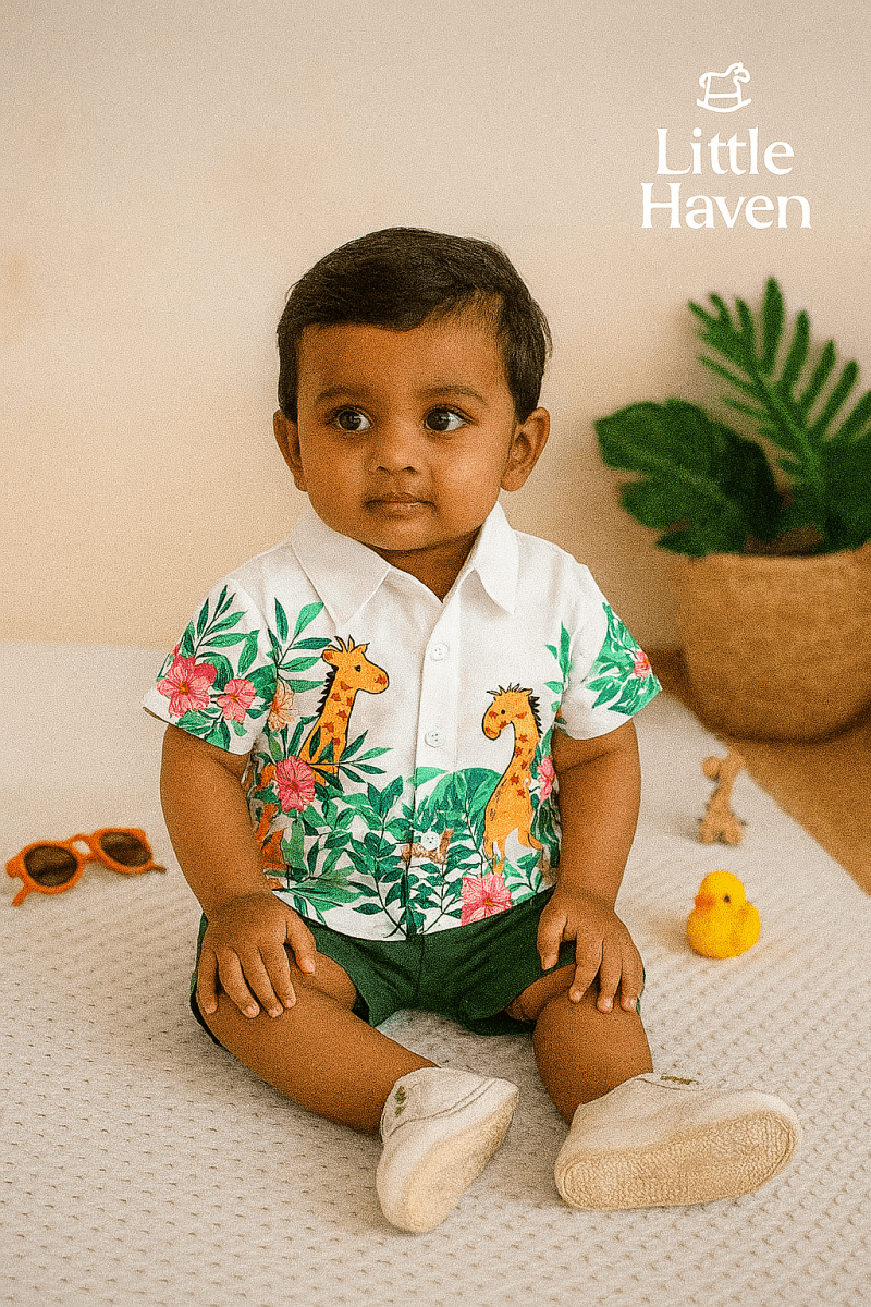 “Giraffe Giggles” Tropical Shirt & Green Shorts Set - Little Haven