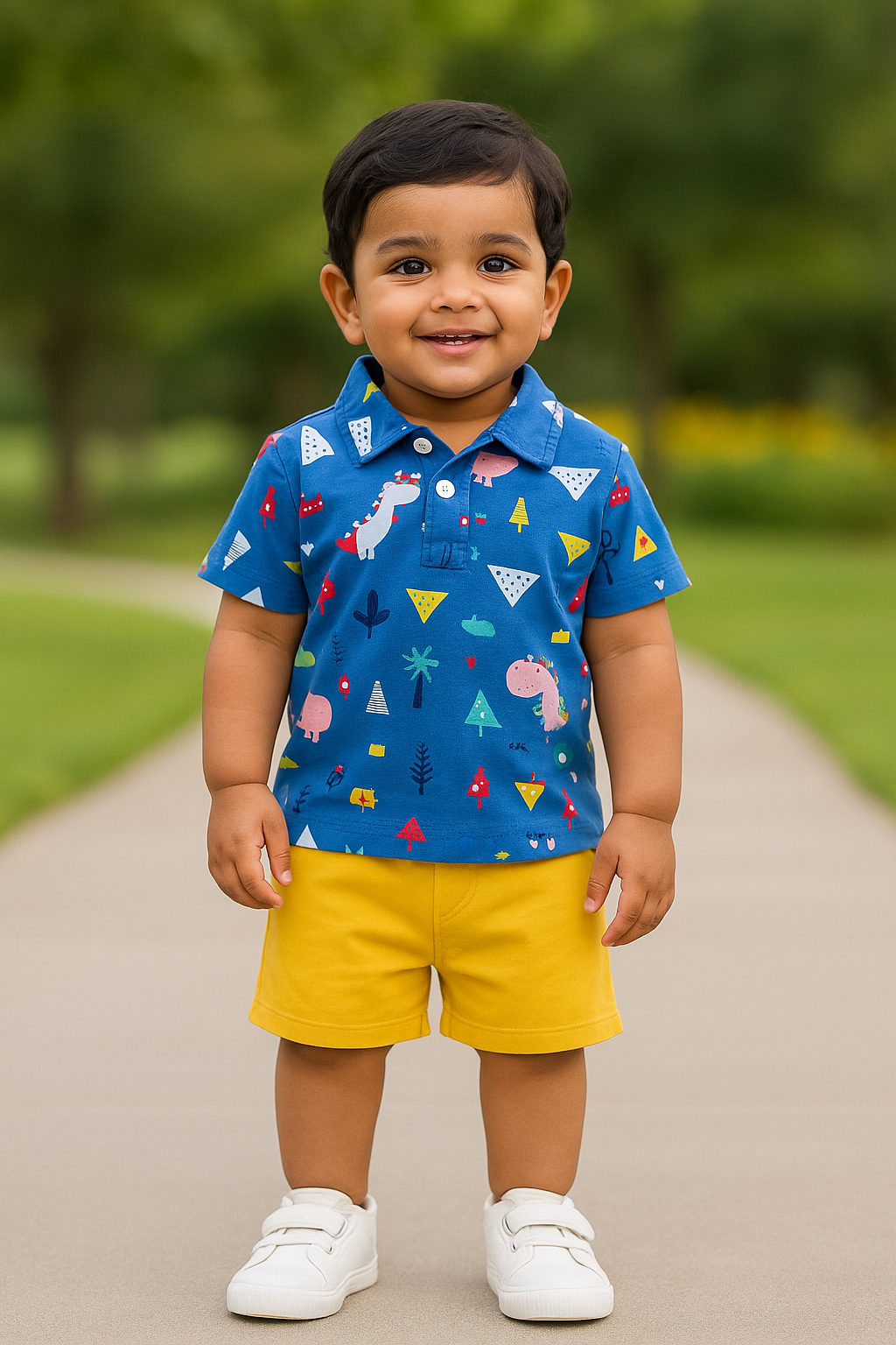 “Dino Pop Adventure” Polo Set – Blue & Mustard