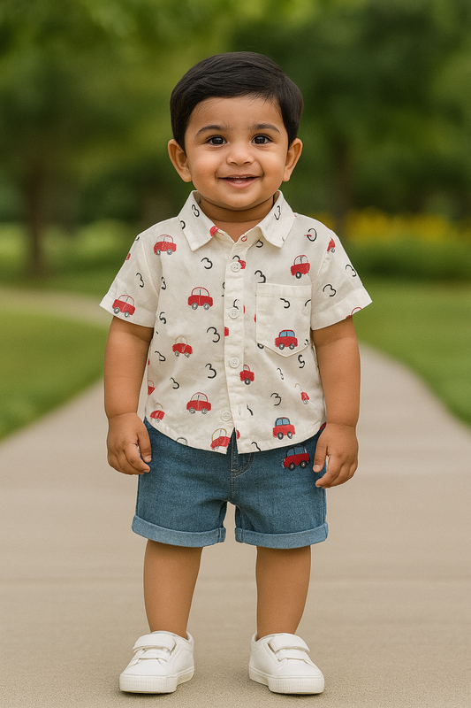 Little Haven “Zoom-Zoom” Co-ord Set – White & Denim Blue