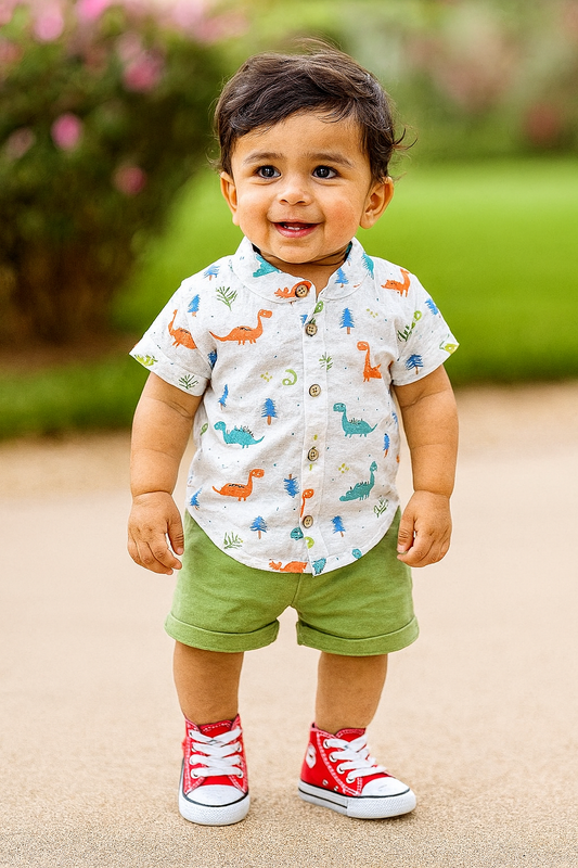 Little Haven “Roarsome Day” Boys Co-ord Set – Dino White & Sage