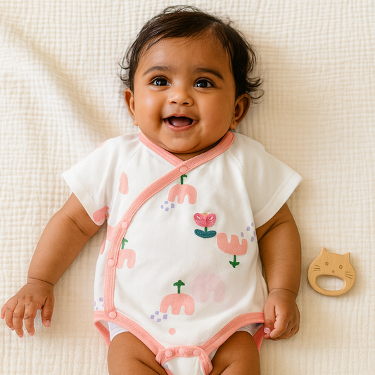 "Tulip Garden" Kimono Onesie – Blush Pink