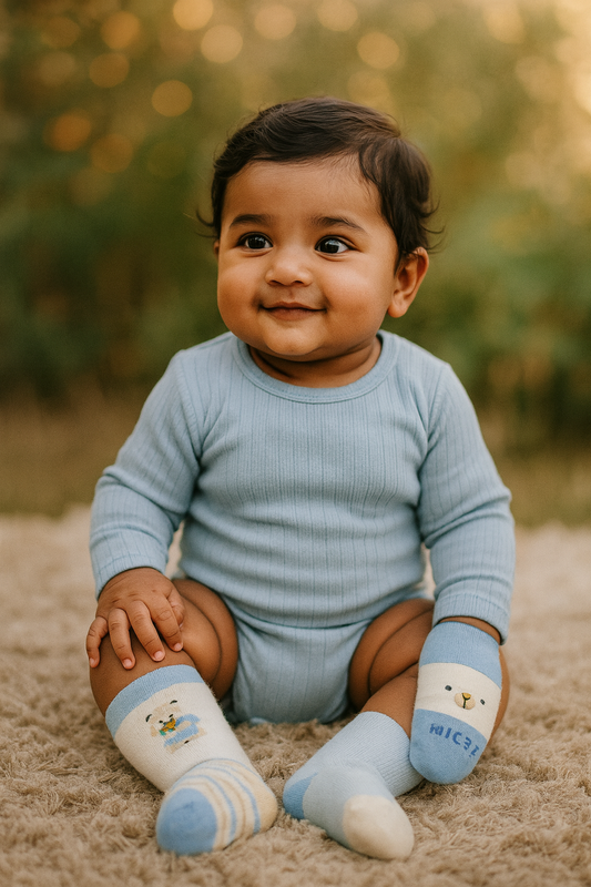 Soft Cotton Baby Socks Set – Blue & Cream (Pack of 5)