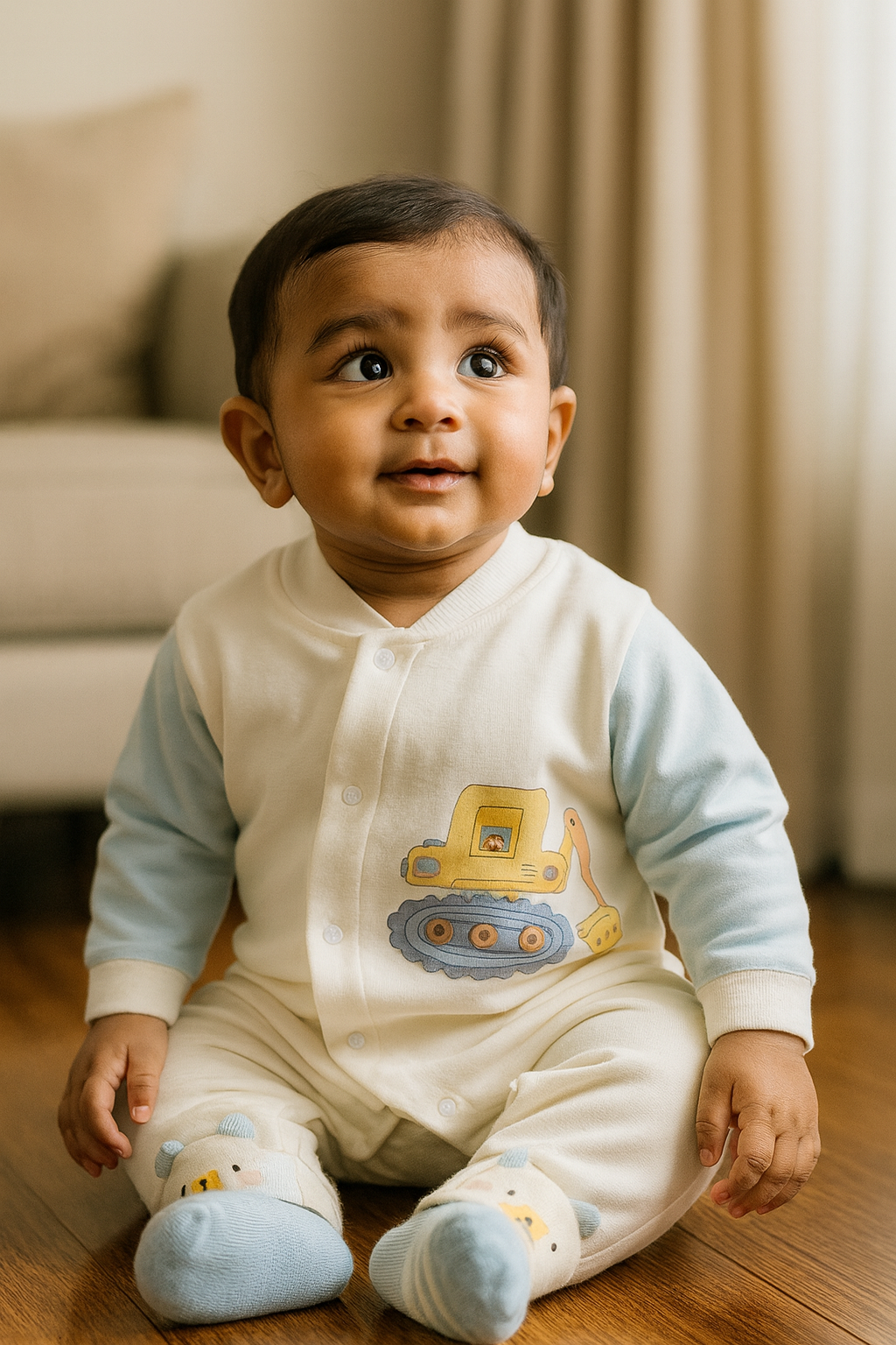 Soft Cotton Construction Romper - Cream & Sky Blue