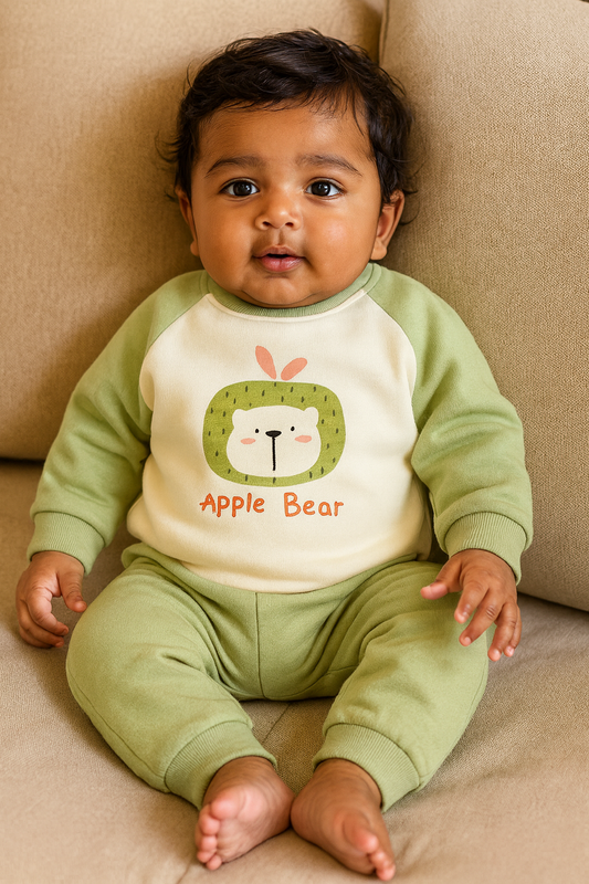 Apple Bear Sweatshirt & Jogger Set - Cream & Pastel Green