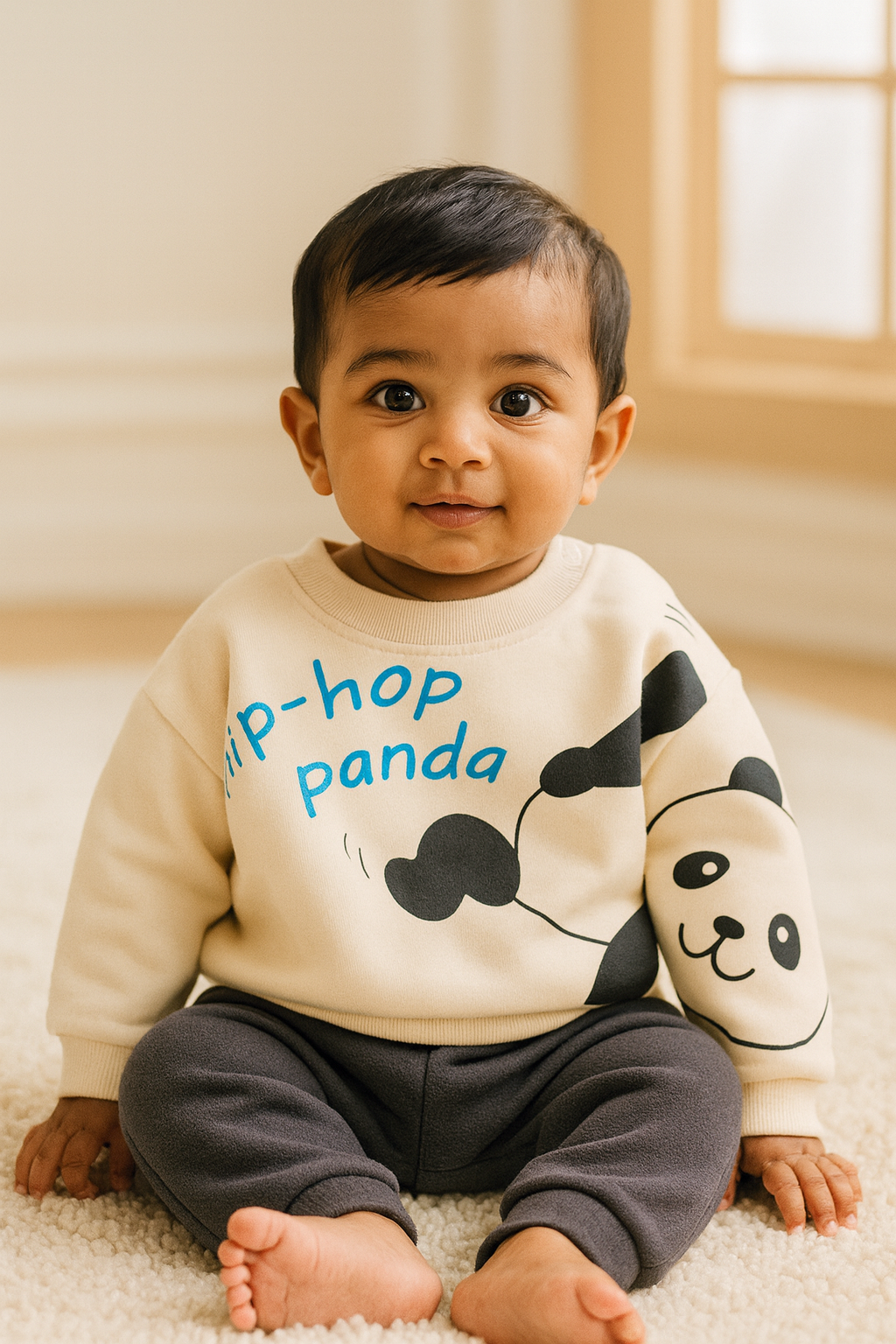 Hip-Hop Panda Sweatshirt & Jogger Set - Cream & Charcoal Grey