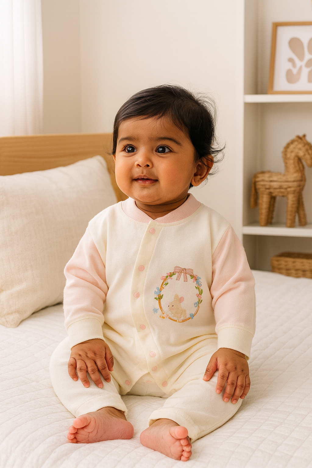 Bunny Blossom Soft Cotton Romper - Cream & Pastel Pink