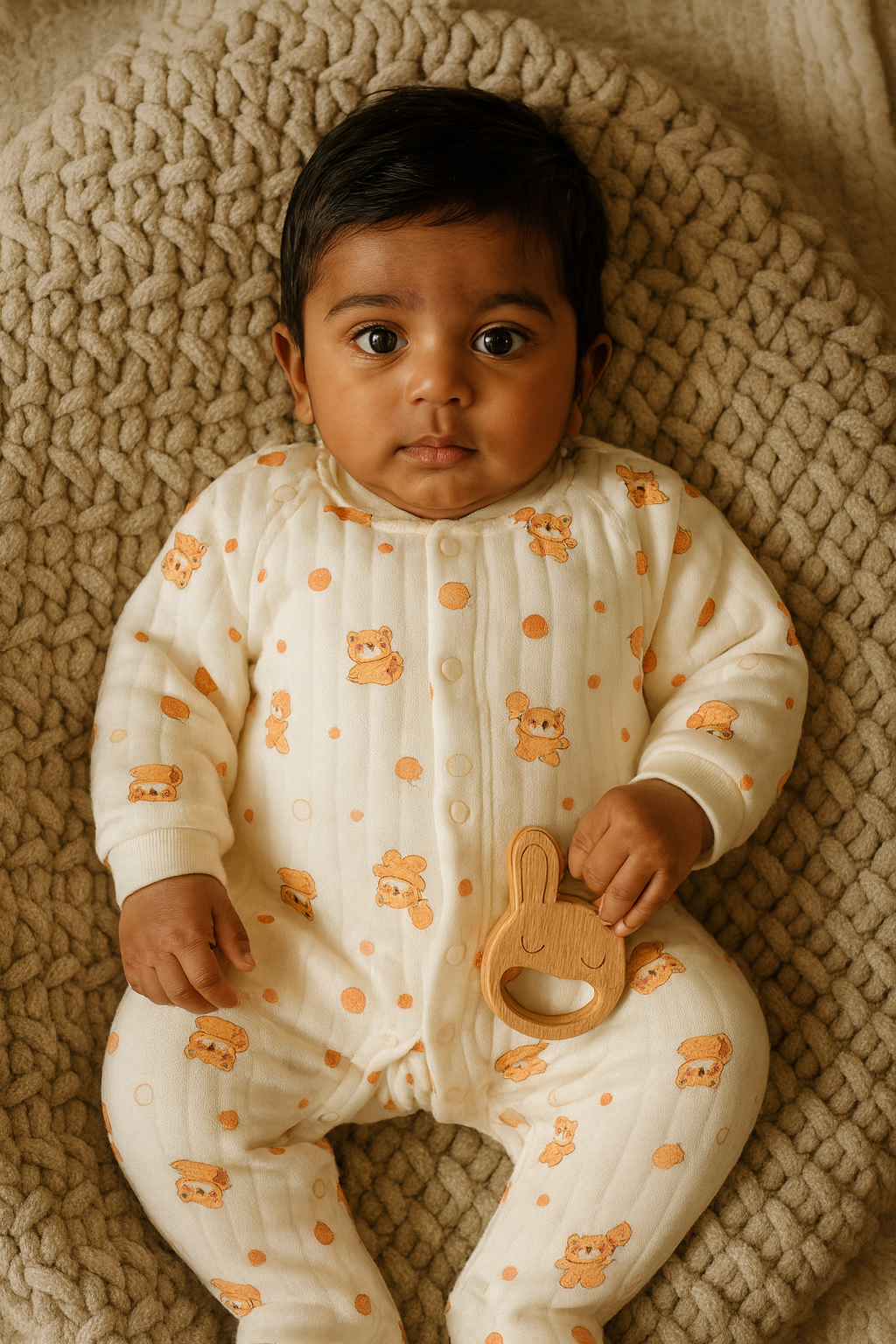 Quilted Cozy Bear Romper - Cream & Peach