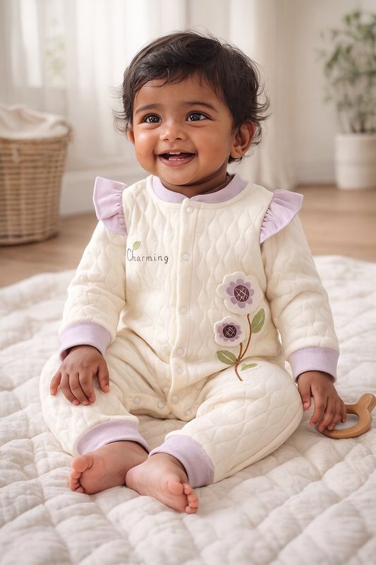 Charming Floral Quilted Romper - Cream & Lavender