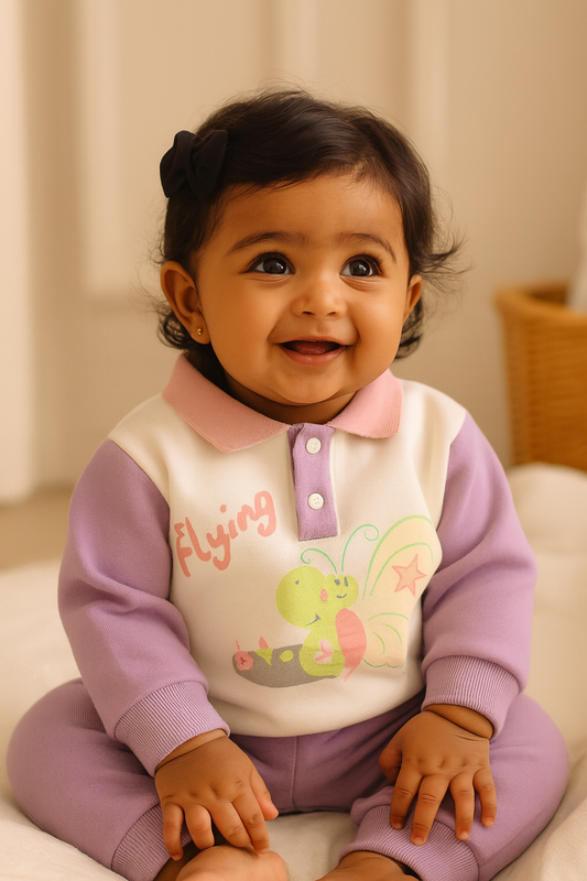 Flying Butterfly Polo Sweatshirt & Jogger Set - Cream, Pink & Lavender