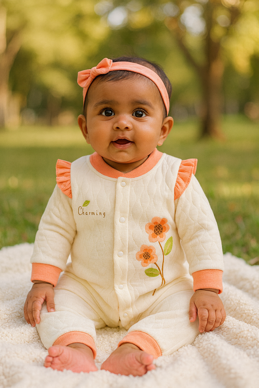 Charming Floral Quilted Romper  - Cream & Peach