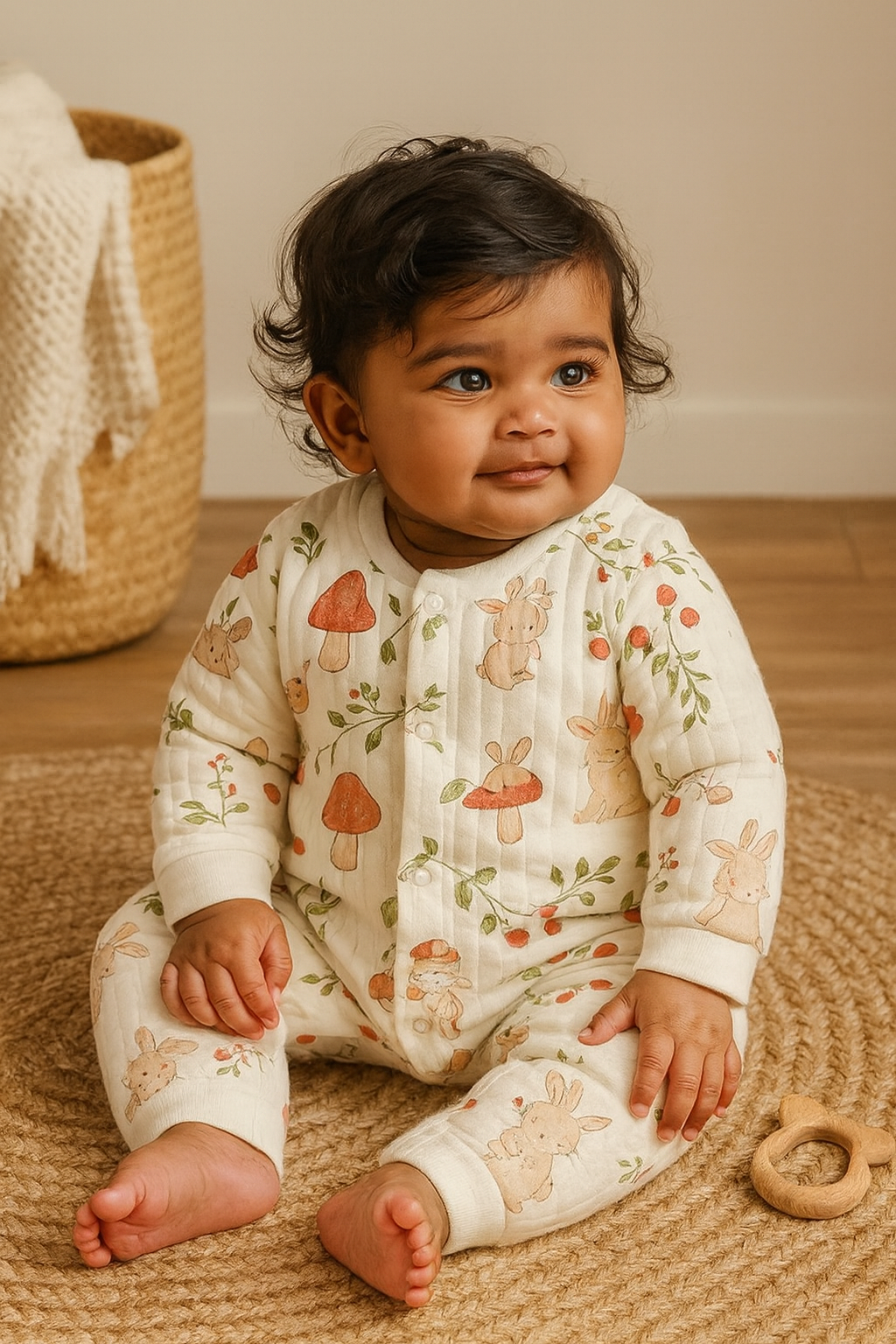 Woodland Bunny Quilted Romper - Cream & Soft Earth Tones