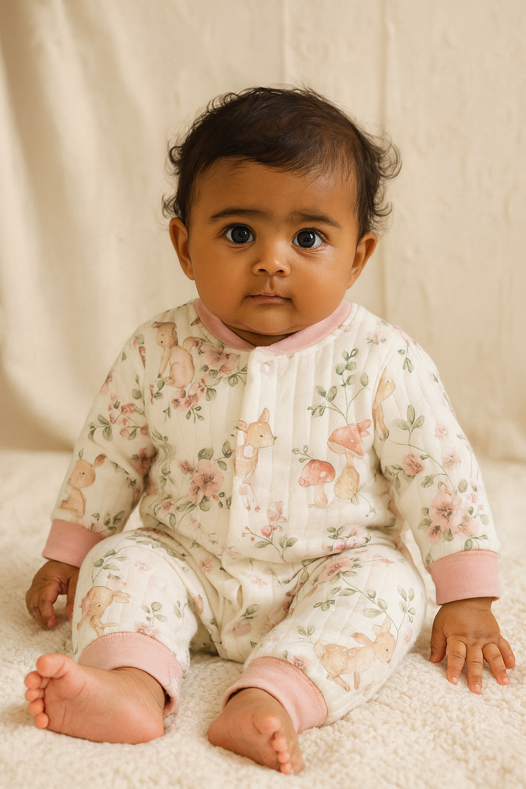 Woodland Fawn Floral Quilted Romper - Cream & Blush Pink