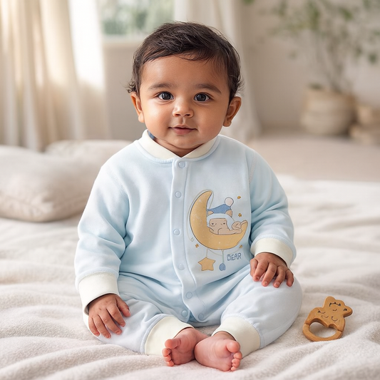 Dreamy Moon Bear Romper - Soft Blue & Cream