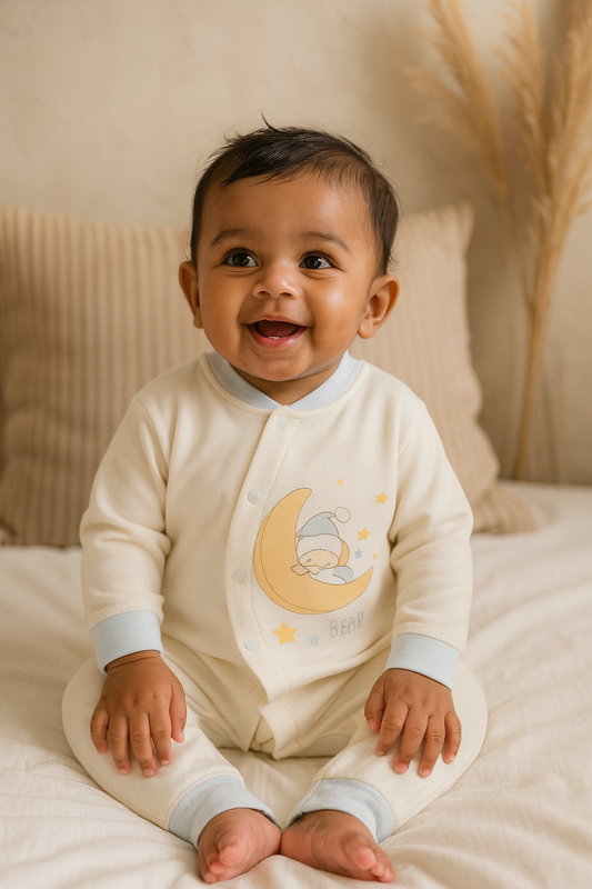 Dreamy Moon Bear Romper - Cream & Baby Blue