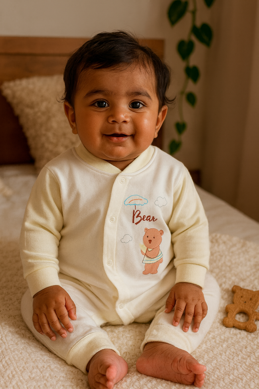 Soft Cream Bear Romper - Warm Ivory & Pastel Yellow