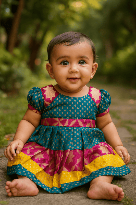 “Rang Tara” Kanjivaram - Inspired Pleated Dress - Little Haven