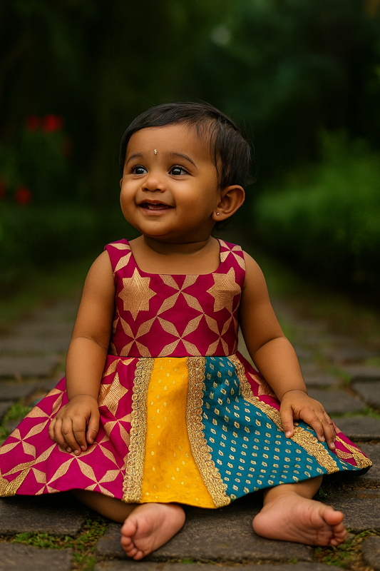 “Chandrika Patchwork Twirl Dress” – Ethnic Fusion for Girls