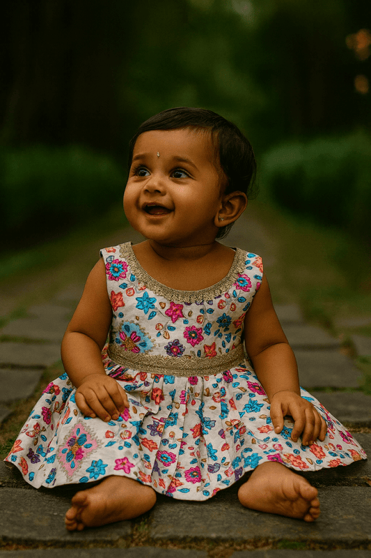 "Phoolkari Sunshine" Brocade Festive Dress – Bursting with Colour & Joy - Little Haven