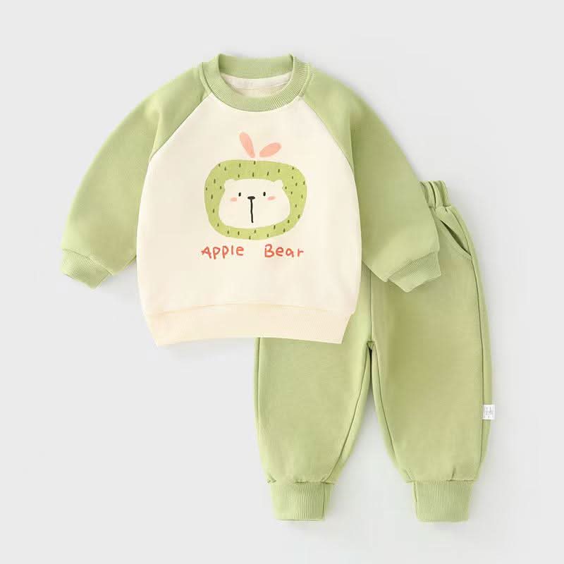 Apple Bear Sweatshirt & Jogger Set - Cream & Pastel Green