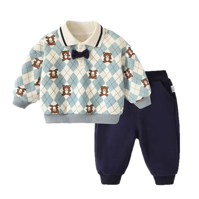 Teddy Argyle Polo Sweatshirt & Jogger Set - Blue & Navy