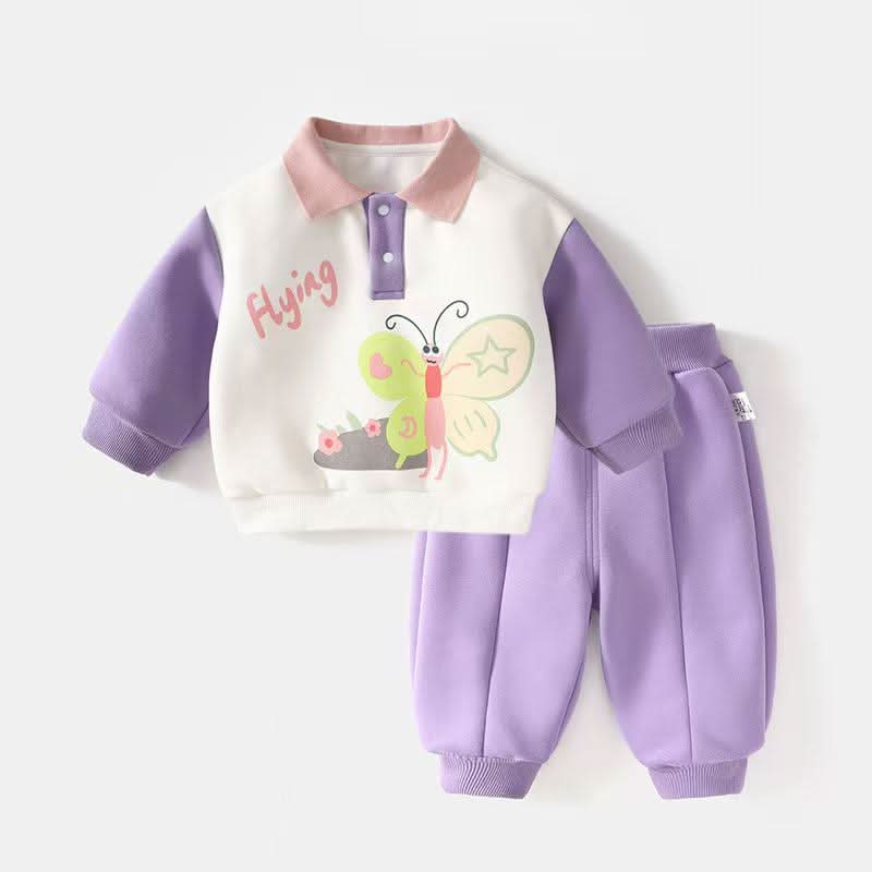 Flying Butterfly Polo Sweatshirt & Jogger Set - Cream, Pink & Lavender