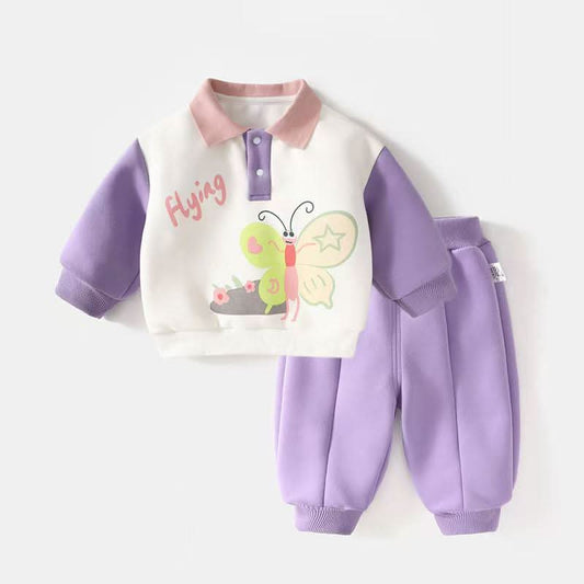 Flying Butterfly Polo Sweatshirt & Jogger Set - Cream, Pink & Lavender
