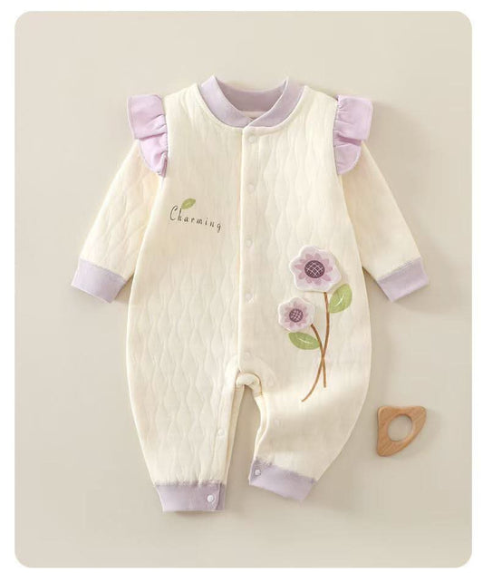 Charming Floral Quilted Romper - Cream & Lavender