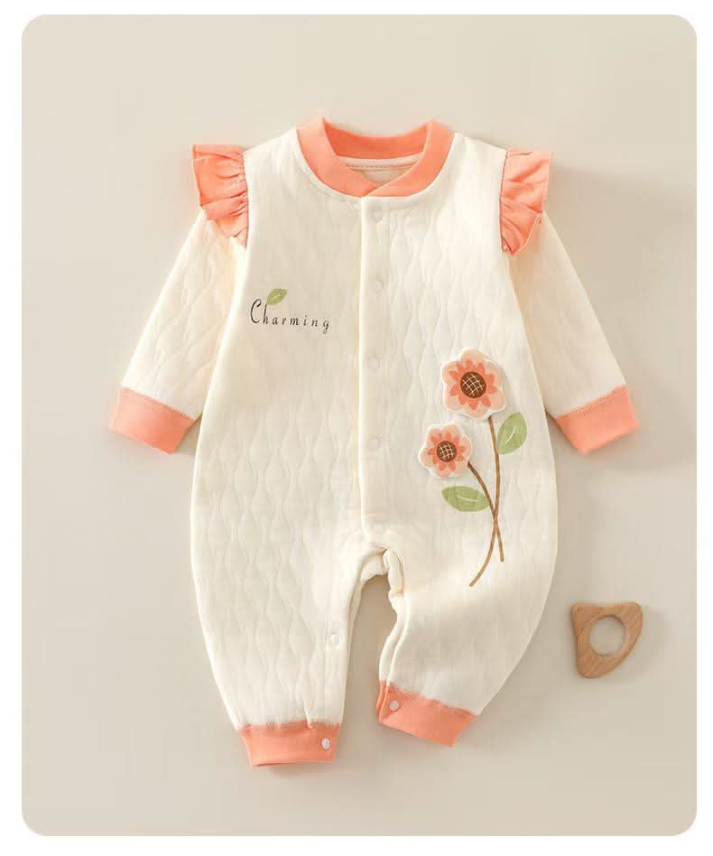 Charming Floral Quilted Romper  - Cream & Peach
