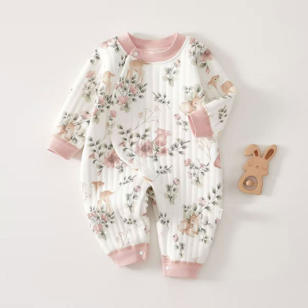 Woodland Fawn Floral Quilted Romper - Cream & Blush Pink