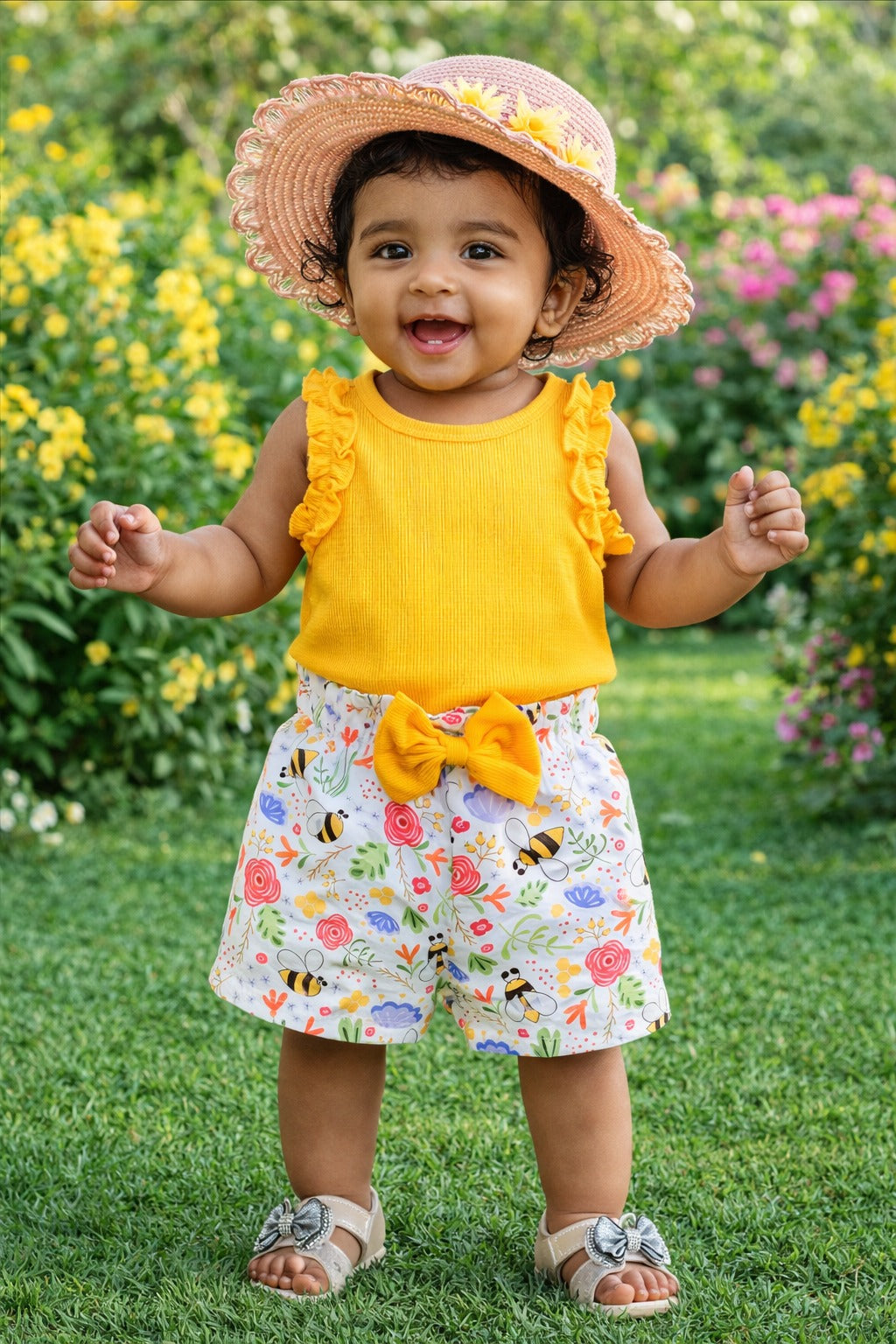 Sunny Bee Flutter Top & Garden Print Shorts Set – Buzz & Bloom Edition