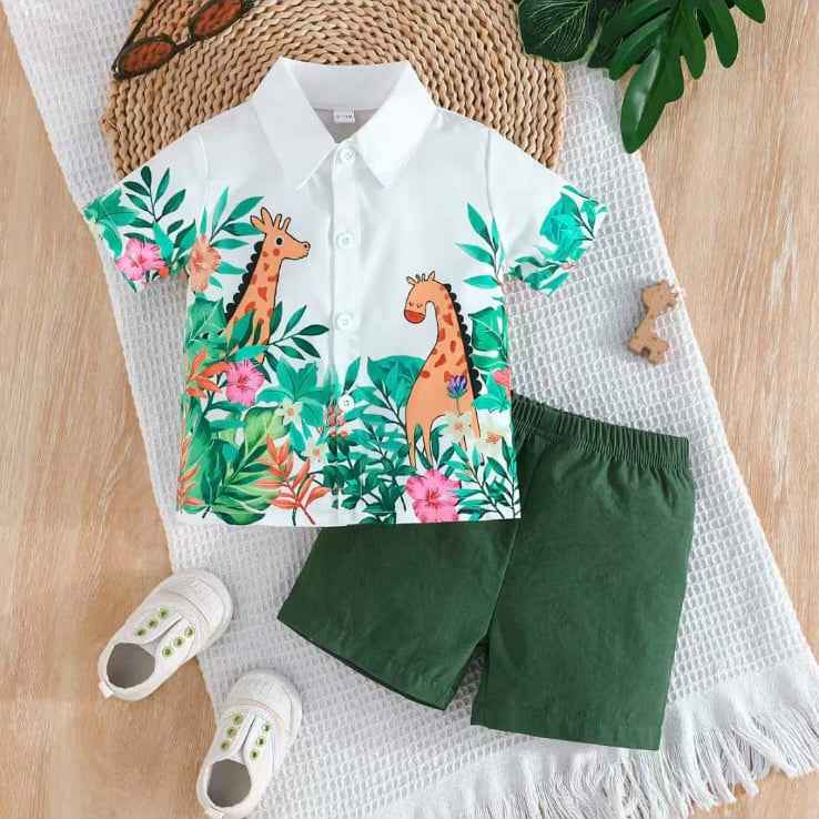 “Giraffe Giggles” Tropical Shirt & Green Shorts Set - Little Haven