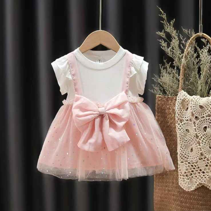 Blush Bow Sparkle Suspender Dress Set – Twinkle Blossom Edition