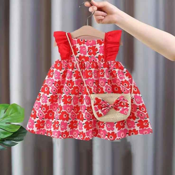 Cherry Bloom Cotton Dress & Bag Set – Ruby Petals Edition - Little Haven