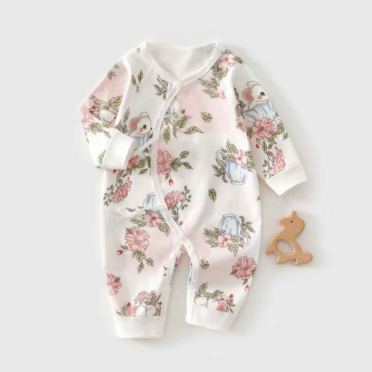 Side - Tie Floral Kimono Romper – Bunny & Teapot Print - Little Haven