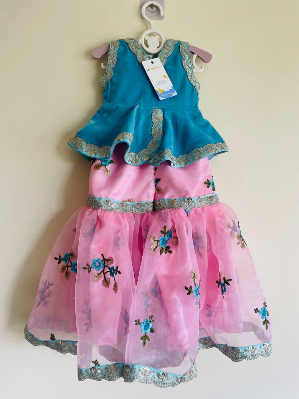 “Neel Gulab Lehenga Set” – Blue Peplum Top with Pink Embroidered Lehenga Skirt