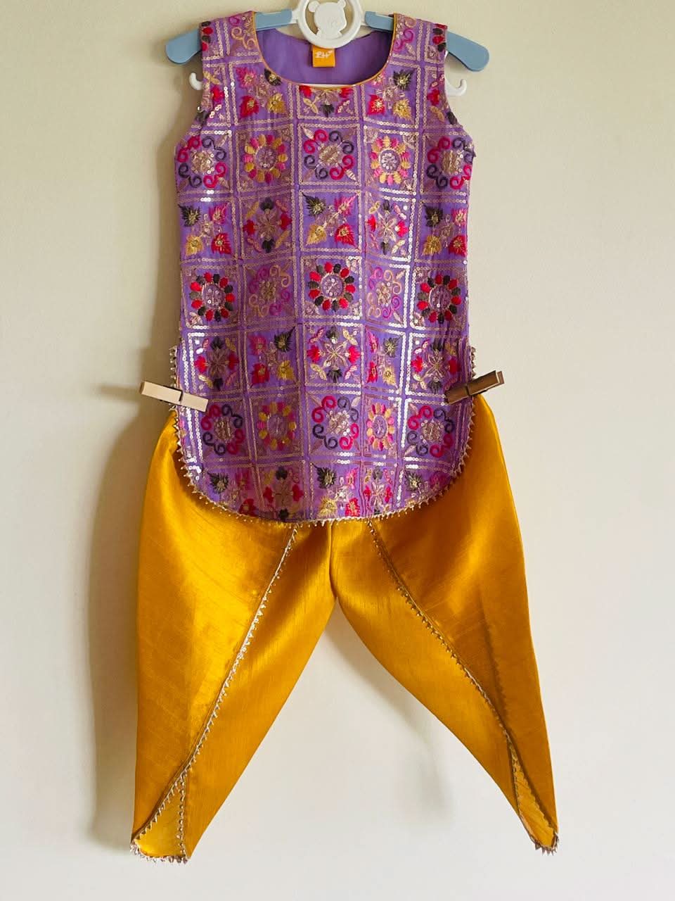“Phoolkari Mustard Dhoti Set” – Purple Mirrorwork Kurti with Mustard Dhoti Pants