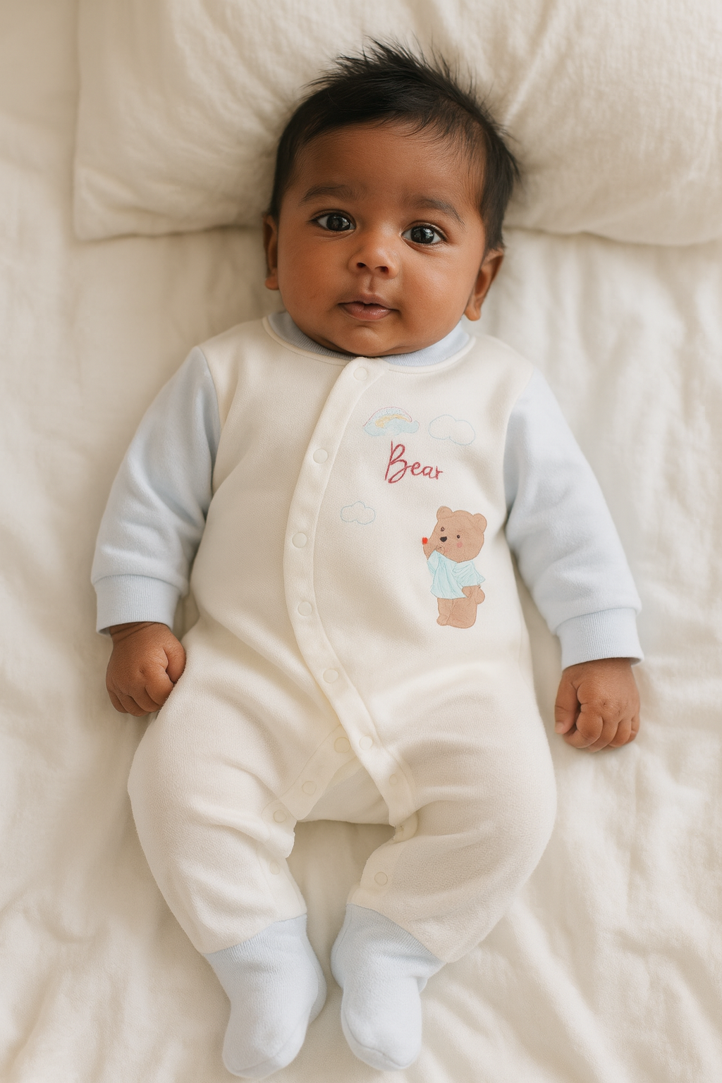 Soft Blue Bear Romper - Cream & Sky Blue