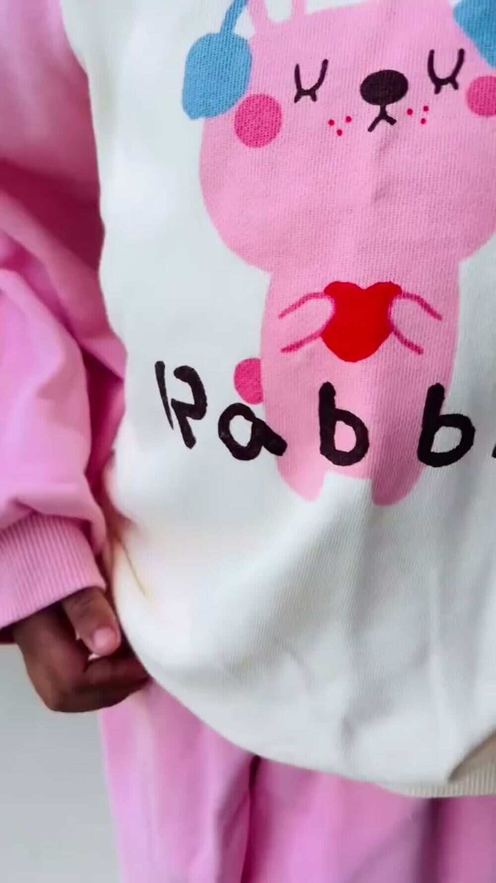Real customer photo: a close-up of the Pink Bunny Sweatshirt & Jogger Set, shared on Instagram by a parent